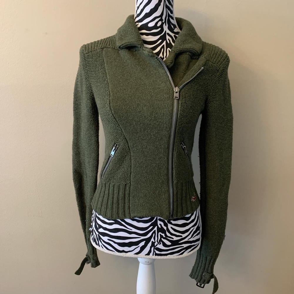 Hollister Zip-Up Sweater y2k 90s Forest Green cotton mohair rabbit hair blend